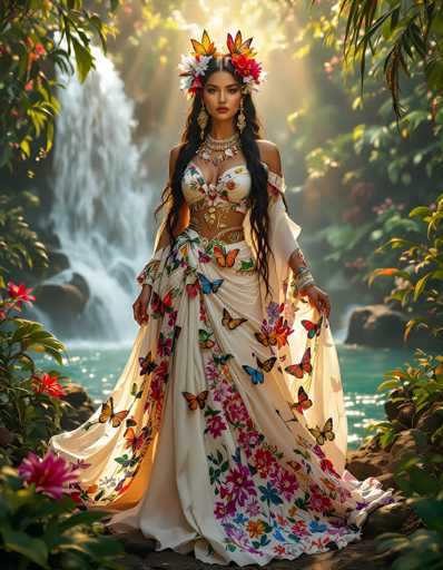 In this captivating image, a woman stands gracefully on a rocky outcrop beside a serene body of water, with a majestic waterfall cascading in the background. She is adorned in a stunning, cream-colored dress that features intricate floral and butterfly patterns. The dress is designed with a halter top that reveals her midriff, and it flows elegantly to the ground, with a sheer overlay embellished with colorful butterflies and flowers. Her long, dark hair cascades down her back, and she wears a beautiful flower crown that complements her attire. The scene is bathed in warm sunlight, which enhances the vibrant colors of the flowers and the lush greenery surrounding her. The woman's poised stance and serene expression capture a moment of tranquil beauty, making the image both enchanting and memorable.