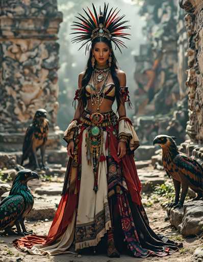 In this captivating image, a woman stands gracefully in front of ancient stone ruins, exuding an aura of regal splendor. She is adorned in a striking headdress reminiscent of a peacock's tail, with vibrant feathers fanning out in all directions. Her attire is equally elaborate, featuring a bra-like top that leaves her midriff exposed, and a long skirt that cascades to the ground, embellished with intricate designs and tassels. The skirt is a rich tapestry of colors, including reds, blues, and purples, with a prominent white panel down the front. Her long, dark hair flows freely, framing her face, which is accentuated by large, ornate earrings and a thick choker necklace. The woman's expression is serene, her gaze directed straight at the camera, conveying a sense of timeless beauty and strength. Flanking her on both sides are two majestic birds, possibly vultures, with dark feathers and distinctive yellow eyes, adding to the mystical atmosphere of the scene. The backdrop of ancient stone columns and steps enhances the sense of history and grandeur, making this image a stunning blend of natural beauty and ancient splendor.