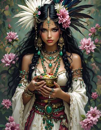 A woman with long dark hair is the central figure in this image. She is adorned in a traditional Indian costume that includes a white and gold headpiece, a red and gold sari, and a gold necklace. The background features pink flowers and green leaves, creating a vibrant and colorful setting for the scene.