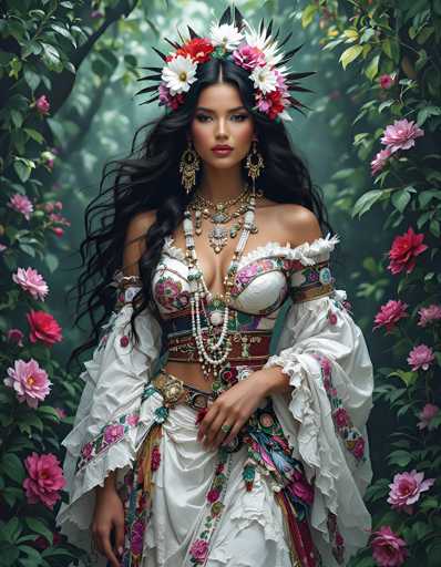 The image depicts a stunning, AI-generated woman with long, flowing black hair adorned with a vibrant floral headdress. She is dressed in an elaborate, off-the-shoulder white gown that features intricate floral patterns and ruffled sleeves. The gown is accentuated with a red belt and a brown belt, both adorned with large buckles. Her ensemble is complemented by a necklace that appears to be made of pearls and beads, and she wears long, dangling earrings. The woman's pose is graceful, with one hand resting on her hip and the other hanging by her side. Surrounding her are lush green trees and an abundance of pink flowers, creating a picturesque, almost ethereal backdrop. The overall scene exudes a sense of beauty and tranquility, with the woman's serene expression and the vibrant natural elements enhancing the magical atmosphere.