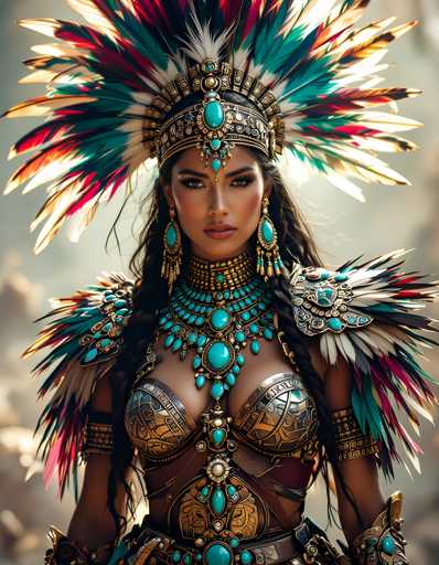 A woman is wearing a traditional Native American headdress and costume made of feathers and beads. The headdress has a large feather at the top and a smaller one at the bottom, with a turquoise gemstone in the center. She is also wearing a gold necklace and earrings that are intricately designed.