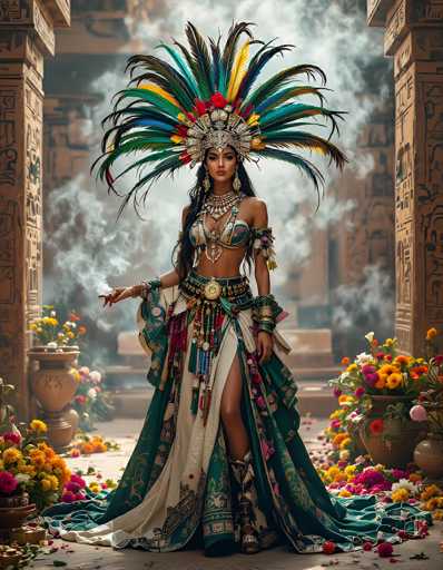 The image depicts a striking woman standing in a grand, ancient-style hall with tall, ornate columns adorned with hieroglyphics. She is dressed in elaborate, traditional attire that appears to be inspired by Aztec or Mayan culture. Her outfit features a green and white skirt with a slit up the side, revealing her leg, and a matching bra-like top. She wears a large, ornate belt with a prominent gold medallion at the front, from which numerous tassels and beads hang. Her accessories include a thick, jeweled necklace, long dangling earrings, and a grand headdress adorned with an array of vibrant feathers in green, blue, yellow, red, and white. The headdress is further embellished with intricate gold designs and a prominent red flower at the center. She stands on a stone floor, surrounded by large clay pots filled with colorful flowers, adding to the rich, cultural ambiance of the scene.