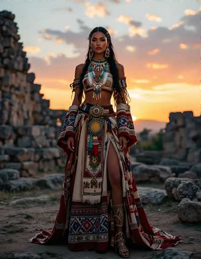 In this captivating photograph, a woman stands poised in front of a striking backdrop of ancient stone ruins, with a dramatic sunset casting a warm glow over the scene. She is adorned in a traditional Native American outfit, featuring a cream-colored bra top embellished with intricate designs and a matching skirt that extends to her feet. The skirt is adorned with vibrant patterns in shades of red, blue, and white, and includes a prominent yellow circle at its center. Her ensemble is further accentuated by a large, ornate belt with a prominent buckle and a long, flowing cape that drapes elegantly around her. She wears high-heeled sandals and her long, dark hair cascades down her shoulders, framing her face. Her arms are adorned with armbands, and she wears long, dangling earrings that complete her regal appearance. The woman gazes directly into the camera, exuding a sense of strength and cultural pride.