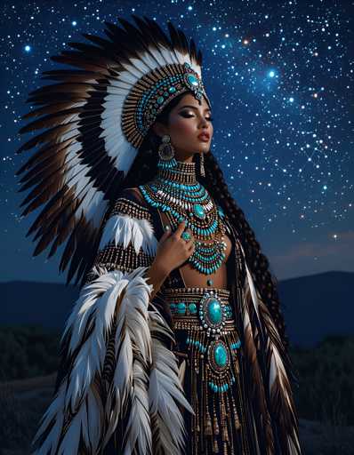 A woman is standing under a starry night sky with her hair styled in braids and wearing a traditional Native American headdress adorned with blue beads. She is dressed in a long white dress with gold accents and a matching headdress. The background features a dark blue sky filled with stars, creating a sense of depth and vastness.