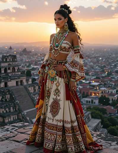 In this captivating image, a woman stands gracefully on the edge of a stone building, exuding elegance and cultural richness. She is adorned in a stunning dress that features a cream-colored top with intricate brown and gold patterns, transitioning into a flowing skirt that combines cream, brown, and gold hues. Her ensemble is complemented by a matching shawl draped over her shoulders, adding to the overall grandeur of her appearance.

The woman's long, dark hair cascades down her back, and she wears a striking headpiece that enhances her regal look. Her accessories are equally impressive, with large, dangling earrings that catch the light and a necklace adorned with a prominent blue pendant. Her nails are painted a vibrant blue, adding a pop of color to her sophisticated appearance.

Behind her, the cityscape unfolds, with a mix of buildings and houses that create a picturesque backdrop. To her left, a majestic pyramid-like structure stands tall, its brown and gray tones contrasting beautifully with the sky. The sky itself is a mesmerizing blend of orange and gray, with clouds that add depth and texture to the scene. The sun, partially obscured by the clouds, casts a soft, diffused light over the entire setting, creating a serene and almost ethereal atmosphere.

This image captures a perfect moment, blending the beauty of the woman with the historical and cultural significance of her surroundings, all under the gentle embrace of the setting sun.