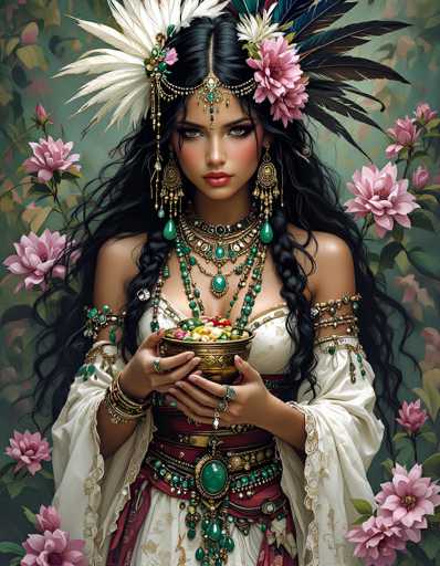 The image portrays a young woman with long, dark black hair styled in two braids that cascade over her shoulders. She is adorned with an elaborate headdress featuring a mix of white and black feathers, and a prominent white feather on the left side. Her attire is a striking white dress embellished with intricate gold and green details, including a red belt with a large green gemstone. She wears numerous pieces of jewelry, including a headpiece with dangling green and white gems, large green earrings, and multiple rings on her fingers. Her wrists are decorated with bracelets, and she holds a golden bowl filled with colorful objects in her hands. The background is a lush green, dotted with pink flowers, enhancing the overall regal and ethereal appearance of the scene.