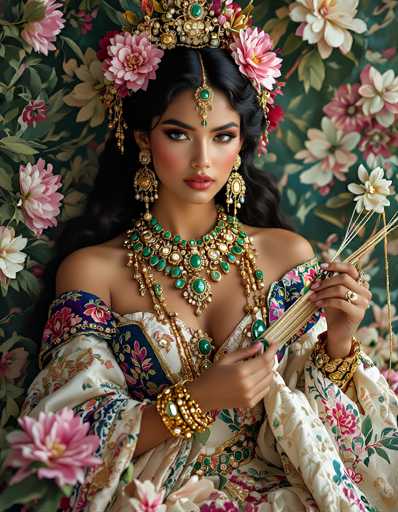 The image depicts a young woman, possibly of Middle Eastern or Indian descent, adorned in elaborate traditional attire. She has long, dark hair and is wearing a stunning, ornate crown that features a prominent green jewel at its center. The crown is embellished with intricate gold designs and is flanked by two large pink flowers. A delicate chain, also adorned with green jewels, drapes from the crown, resting on her forehead.

Her makeup is striking, with bold red lipstick and dark, defined eyebrows. She wears long, dangling earrings that are gold and adorned with green jewels, matching her elaborate necklace. The necklace is a grand piece, featuring an array of green jewels and gold elements, with a large pendant hanging from it.

Her dress is equally ornate, with a low-cut neckline that reveals some cleavage. The dress itself is white, adorned with intricate floral patterns in shades of pink, blue, and green. She holds a fan in her hand, which is decorated with gold and green jewels, adding to the overall opulence of her appearance.

The background of the image is a rich tapestry of green, pink, and white flowers, complementing the elaborate nature of her attire. The overall effect is one of extreme luxury and traditional beauty.