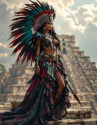 A woman is standing on a stone platform with her back to the camera, wearing a traditional Mexican costume that includes a large headdress and a long dress adorned with colorful patterns. She holds a spear in one hand and a shield in the other. The background features a temple-like structure made of stone, suggesting an ancient or historical setting.