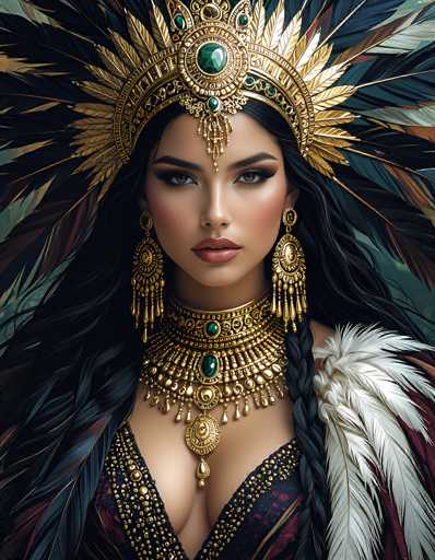 This image portrays a strikingly beautiful woman with long, dark hair styled into a braid that drapes over her right shoulder. She has a medium complexion and is adorned with elaborate, ornate jewelry. Her headdress is a grand, golden crown featuring a prominent green gem at its center, with intricate gold feathers extending outward. The crown's design includes a hanging piece that rests on her forehead, adding to its majestic appearance.

Her earrings are large and elaborate, composed of gold with dangling elements that resemble feathers. Around her neck, she wears a thick, ornate gold necklace that is heavily decorated with green gemstones, including a prominent one in the middle. The necklace has a low-cut design, revealing a hint of cleavage.

She is dressed in a luxurious gown that is a deep burgundy color, embellished with gold accents and intricate beading. The dress features a feathered shoulder piece on her left side, adding to the overall opulent and regal aesthetic of the image.