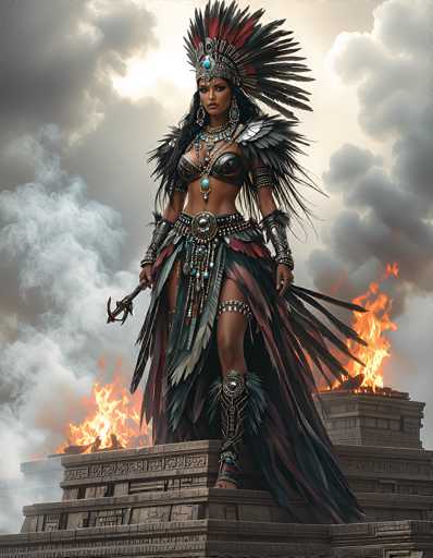 The image depicts a striking, computer-generated scene of a fierce female warrior standing atop a stone pyramid adorned with hieroglyphics. The pyramid, which has multiple levels, is engulfed in flames on both the left and right sides, with thick smoke billowing upwards. The warrior, who has a dark complexion, is dressed in elaborate, ancient-inspired attire. She wears a feathered headdress with a silver band and a turquoise jewel at the front, complemented by large hoop earrings and an array of necklaces. Her outfit includes a black bra-like top, a feathered skirt, and a belt with a prominent turquoise jewel. She also has metal armor on her forearms, a leg band, and a metal boot on her right foot. In her right hand, she wields a trident-like weapon. The background features a cloudy sky with a bright light source, possibly the sun, peeking through the clouds. The overall composition suggests a dramatic and powerful moment, possibly from a video game or a fantasy movie.