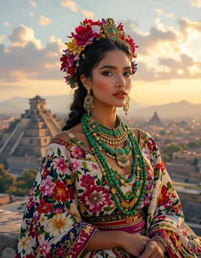 This image depicts a stunning scene of a woman standing on a stone ledge, gazing over a cityscape. She is adorned in a white dress intricately decorated with floral patterns in shades of pink, red, and yellow. The dress features a low neckline, a V-shaped cut, and a high waistline. Her arms are elegantly crossed in front of her, with her hands resting on her right thigh.

The woman's hair is styled in a ponytail, and she wears an elaborate headdress adorned with flowers in shades of pink, red, and yellow. Her face is accentuated with makeup, including lipstick and eye shadow, and she wears large, dangling earrings that are green and gold.

Her neck is adorned with a striking necklace composed of green beads and gold accents. The necklace features a prominent pendant in the center, with additional pendants hanging below it. She also wears a pink sash around her waist, adding a touch of color to her ensemble.

In the background, a cityscape unfolds, with a notable building featuring a large, square-shaped structure. The sky above is a serene blue, dotted with clouds, and the sun is setting, casting a warm glow over the scene.