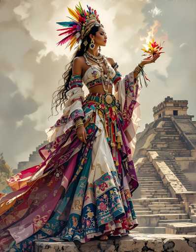 The image depicts a striking scene of a woman standing on a stone ledge in front of a Mayan pyramid. The pyramid, with its light brown stone steps and flat top, is set against a backdrop of a cloudy sky. The woman, who appears to be of Native American descent, is adorned in an elaborate and colorful outfit. She wears a headdress made of feathers in shades of yellow, red, blue, and green, and her long, curly black hair cascades down her back. Her attire includes a white bra-like top with blue and red accents, and a long skirt that flares out at the bottom, decorated with floral patterns in blue, pink, and yellow. She accessorizes with a large belt featuring a prominent gold medallion and multiple bracelets on her left arm. In her left hand, she holds a bouquet of flowers that appear to be on fire, adding a mystical element to the scene. The overall composition suggests a blend of ancient cultural elements and a touch of fantasy.