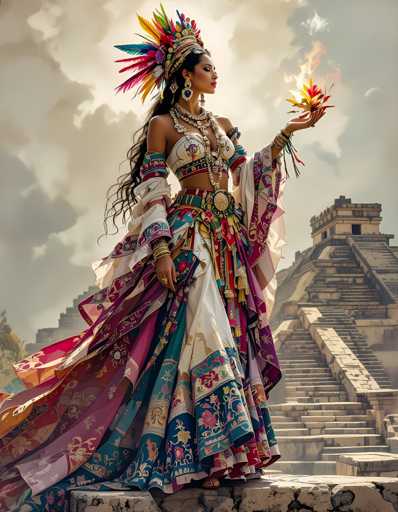 A woman is standing on a stone platform with her arms raised high and holding a large red flower in one hand while wearing a colorful traditional Mexican dress that includes a headdress adorned with feathers. The background features a stone wall and a staircase leading up to the sky.