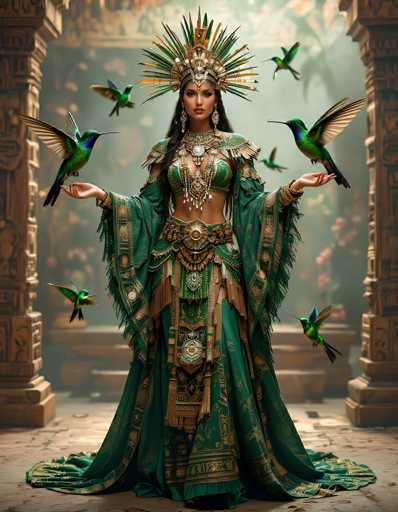 The image depicts a striking woman adorned in an elaborate, ancient Egyptian-inspired outfit. She wears a grand headdress that resembles a crown, crafted from gold and green materials, with spiky, leaf-like extensions. Her attire includes a green bra-like top and a long, flowing green dress that extends to the floor, complemented by a cape-like garment draped over her arms. The dress is intricately detailed with gold accents and features a prominent gold belt with a circular buckle. Her long, dark hair cascades down her back, and she wears large, dangling earrings. The woman stands with her arms outstretched, palms up, as numerous green hummingbirds with blue and yellow accents hover around her, some perched on her fingers. The background is a blurred, ancient-looking structure with brown columns and steps, enhancing the mystical and timeless atmosphere of the scene.