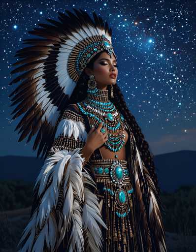 The image depicts a highly detailed, computer-generated illustration of a woman adorned in an elaborate Native American-inspired outfit. She stands against a dark blue night sky filled with stars, with a mountain range and grassy field in the background. The woman has long, dark brown hair styled in a braid that drapes over her left shoulder. She wears a grand headdress featuring a combination of brown, white, and blue feathers, with a prominent blue jewel at the center.

Her attire is richly decorated with turquoise and gold accents. She has a large, ornate necklace that extends down to her waist, adorned with turquoise jewels and beads. Her outfit includes a black dress with intricate white and brown patterns, and a feathered cape or shawl that drapes over her right arm. She also wears a ring on her right hand, which is raised to her chest. The overall scene is set under a starry night sky, adding to the mystical and regal atmosphere of the image.