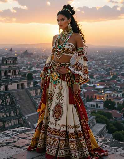 A woman is standing on a rooftop at sunset, wearing a traditional Indian outfit that includes a white and red dress with gold accents and a headpiece adorned with jewels. The sky behind her is painted in hues of orange and pink, creating a stunning backdrop for the scene.