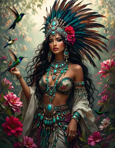This image is a stunning, AI-generated artwork that depicts a young woman standing in a lush, vibrant garden. The scene is filled with colorful flowers, particularly pink and red blooms, which frame the subject beautifully. The woman is adorned in an exquisite, ornate outfit that includes a white skirt and a matching bra top. Her attire is richly detailed, featuring intricate beading and embellishments in shades of blue, green, and gold. 

Her ensemble is further accentuated by a large, elaborate belt that sits at her waist, adorned with a prominent blue gem. She wears multiple pieces of jewelry, including a necklace with a central blue gem, earrings, and bracelets on both arms. Her long, dark hair cascades down her back, and she has a fair complexion that complements her striking features. 

The woman's pose is graceful, with one arm raised, holding a small bird. She gazes directly at the viewer, her expression serene and captivating. The background is a soft, dreamy blend of green hues, enhancing the overall magical and enchanting atmosphere of the artwork.