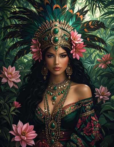This digital illustration depicts a young woman with dark skin and long, wavy black hair, adorned in elaborate, ancient-inspired attire. She wears a striking headdress that resembles a crown, embellished with intricate gold and green jewels, and adorned with large black feathers tipped in orange. Her face is heavily made up, with dark eyeshadow, long eyelashes, and bold red lips. She has large, dangly earrings that feature green jewels.

Her dress is a low-cut, off-the-shoulder garment in dark green, decorated with red and gold floral patterns. Around her neck, she wears a heavy, ornate necklace composed of green and gold beads, along with several strands of green and gold beads that drape down to her waist. The background is lush with green leaves and pink flowers, adding to the overall vibrant and exotic feel of the image.