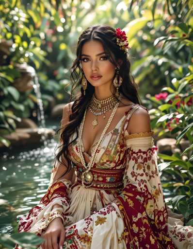 A woman is seated on a rock by a pond wearing a white and red dress with gold accents and a large headpiece adorned with flowers. She has long dark hair styled in loose waves and is wearing earrings and a necklace. The background features lush green foliage and a waterfall, creating a serene and picturesque setting for the woman's portrait.