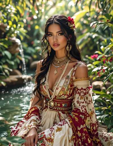 A stunning young woman, possibly of Indian or Middle Eastern descent, is seated gracefully by a serene stream in a lush, tropical garden. Her long, dark brown hair cascades over her shoulders, adorned with a vibrant red and white flower. She wears an exquisite, intricately designed dress that features a mix of red, gold, and white, with a deep V-neckline and a ruffled skirt. The dress is embellished with delicate floral patterns and a prominent gold belt with a large, round buckle. Her accessories include long, dangling gold earrings and a multi-layered necklace that combines gold and white beads, along with a prominent pendant. The background is filled with lush greenery and colorful flowers, enhancing the natural beauty of the scene. The woman gazes directly at the camera with a serene expression, her hands resting gently in her lap, embodying a timeless elegance.