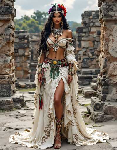 In this captivating image, a woman stands gracefully in front of ancient stone ruins, exuding an aura of timeless elegance. She is adorned in a striking white dress that features a daring slit up the side, revealing her leg. The dress is intricately designed with gold accents, adding a touch of regal sophistication. Her ensemble is complemented by a large, ornate belt that cinches her waist, adorned with a prominent gold circle at its center.

Her long, flowing black hair cascades down her back, framing her face beautifully. Atop her head, she wears an elaborate headdress that resembles a crown, embellished with vibrant red and green feathers, enhancing her majestic appearance. Her neck is adorned with an elaborate necklace that appears to be made of silver, adding to her regal demeanor.

The woman's attire includes a bra-like top that leaves her midriff exposed, and she wears a ring on her finger, signifying perhaps a personal or cultural significance. Her feet are encased in open-toed sandals, revealing her toes and adding a touch of casual elegance to her otherwise grandiose appearance.

The backdrop of the image features ancient stone ruins, with a stone wall directly behind her and another to her right. The ground beneath her is a mix of stone and dirt, with patches of grass sprouting through, hinting at the passage of time and nature's resilience. The sky above is a serene blue, dotted with fluffy white clouds, completing the picturesque scene.