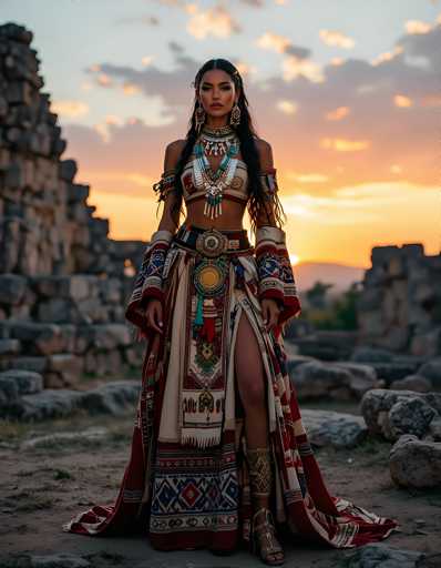 A woman stands in front of a stone wall at sunset, wearing a long, colorful dress with gold accents and earrings.