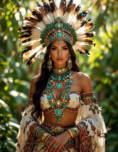 A woman is standing in front of a lush green background with her arms crossed and wearing traditional Native American attire consisting of a white dress adorned with gold accents and a headdress featuring feathers and beads.