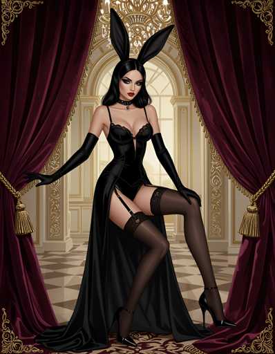 The image depicts a woman dressed in a black corset and stockings, standing in front of a red curtain with gold accents. The woman is wearing high heels and has her left hand resting on the curtain while her right hand is extended outwards.