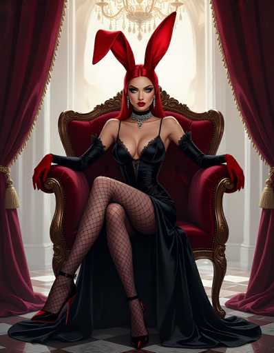 A woman with large red bunny ears sits regally in a plush red velvet chair, adorned in a black lace gown and fishnet stockings. She wears red gloves and a diamond choker, her gaze direct. The opulent setting features draped red curtains and a crystal chandelier, creating a dramatic, high-fashion portrait with a dark, elegant aesthetic.