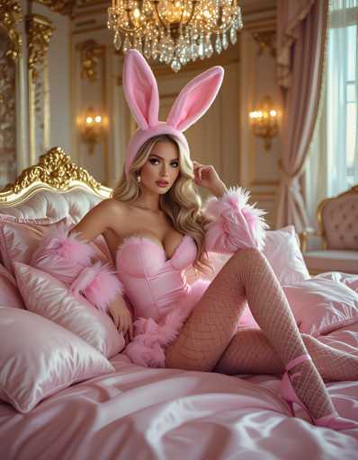 A woman is sitting on a bed with her legs crossed and wearing a pink bunny costume that includes a hat and earrings. The background features a chandelier and curtains, creating an elegant atmosphere in the room.