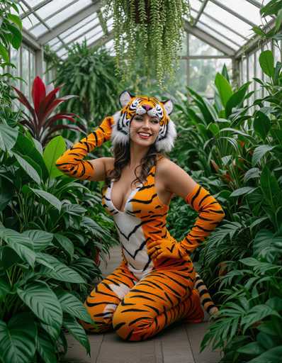 A woman in a tiger-themed jumpsuit and headpiece poses amidst lush, vibrant tropical plants within a greenhouse. She's kneeling, smiling, surrounded by large green foliage and a glass structure. The image has a bright, natural light and a focus on the woman's playful expression, creating a whimsical, indoor jungle aesthetic.