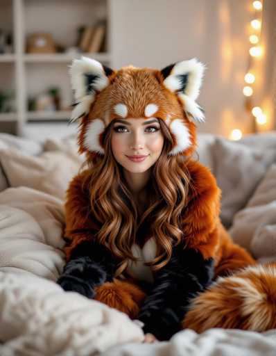 A young woman with long brown hair is sitting on a white couch wearing an orange and black panda hat that has two large ears and a fluffy tail at the back of her head. The background features a beige wall with string lights hanging from it, creating a warm and cozy atmosphere.