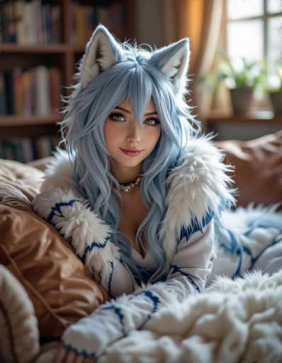 A cosplayer in a fluffy blue fox costume lounges comfortably on a bed, her long blue hair cascading around her. She's adorned with a white and blue furry collar and a pearl necklace, gazing directly at the viewer. The soft lighting and shallow depth of field create a cozy, intimate atmosphere with a focus on the character's expressive eyes.