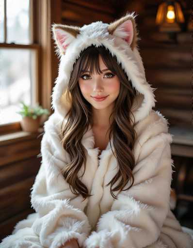 A young woman is seated comfortably on a wooden bench inside a rustic cabin. She is wearing a white fur hooded jacket and has long brown hair that falls over her shoulders. The cabin features a window with frosty glass panes, suggesting the image was taken during winter or in a cold environment.