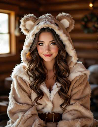 A young woman with long, wavy brown hair and striking green eyes is the central focus, wearing a cozy beige bear-style hooded coat. She's positioned in the center of the frame, looking directly at the viewer with a warm smile. The background is softly blurred, suggesting a rustic cabin setting with wooden walls and a window providing soft light. The overall style is a blend of fashion and portraiture, emphasizing warmth and charm.