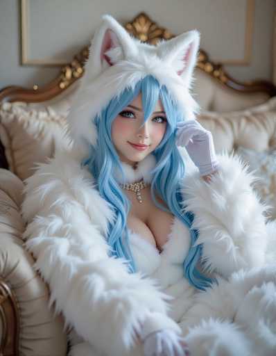 The image shows a person wearing a white fur coat and blue hair styled into a cat ears. The individual is seated on a couch with their hands resting on the armrests.