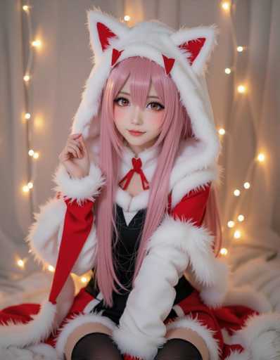 A cosplayer in a cute, fluffy anime-style outfit with pink hair and red fox ears sits indoors. She's wearing a red and white hooded outfit, with soft lighting creating a warm atmosphere. The focus is on her detailed face and the cozy, playful aesthetic of the costume.