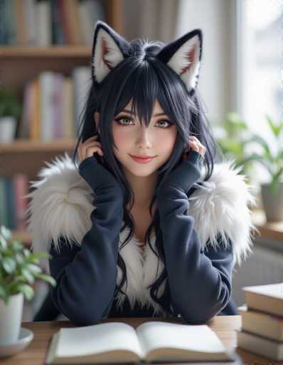 A cute anime-style character with black hair and fox ears is nestled at a wooden desk, intently reading an open book. She wears a dark blue sweater with a fluffy white collar and delicate green eyes, her hands gently framing the book. The soft focus background features a bookshelf filled with books and potted plants, creating a cozy study atmosphere.