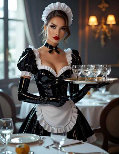 A woman dressed as a maid is standing at a table with a tray of glasses and plates on it. She has black and white gloves and a black dress that matches the color scheme of her outfit. The background features a dining room setting with a chandelier hanging from the ceiling, creating an elegant atmosphere.