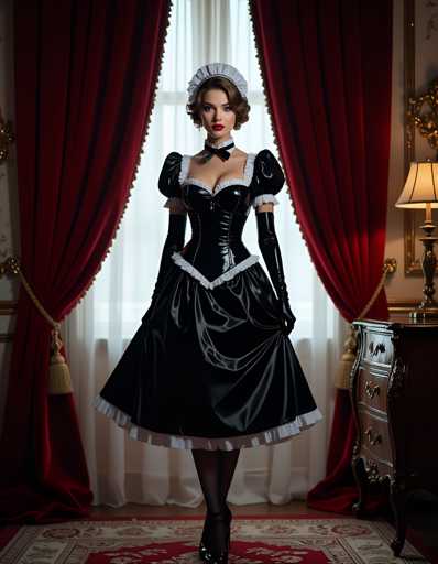 A woman is standing in front of a window with red curtains and a gold lampshade. She is wearing a black dress with white trim and a white bonnet on her head. The room has a classic design with a wooden floor and a chandelier hanging from the ceiling, creating an elegant atmosphere.