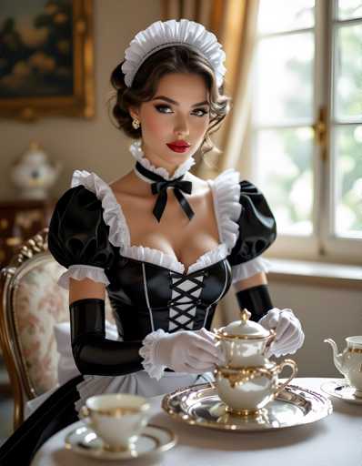 A woman dressed as a maid is seated at a table with two cups and saucers on it. She is wearing a black and white dress with a ruffled collar and a white headband. The table also has a teapot and a plate of food.