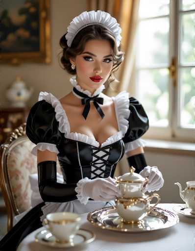 A woman in a classic black and white maid uniform sits at an ornate table, meticulously pouring tea. The focus is on her elegant attire and poised demeanor, set against a softly blurred, vintage-style backdrop. The lighting is soft and highlights the details of her outfit and the delicate teaware, creating a refined, slightly nostalgic aesthetic.