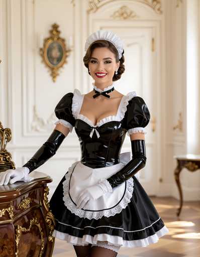 A woman is standing in front of a mirror wearing a black and white maid's outfit with a large bustle at the back and a corset on her torso. She has a white glove on each hand and a red lipstick on her lips. The background features a white wall, a gold-framed mirror, and a wooden chair.