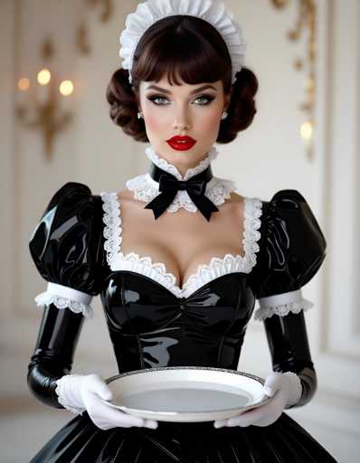 A woman dressed as a maid stands against a white wall with gold accents and a chandelier hanging from the ceiling. She wears a black dress with lace sleeves and a white collar, and holds a plate in her hands.