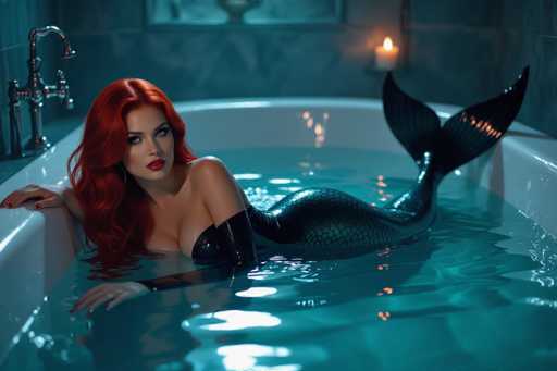 A captivating mermaid, with vibrant red hair and a black latex bodysuit, reclines in a dimly lit bathtub. Her scaled tail extends into the water, reflecting shimmering light. The scene is hyper-detailed and photorealistic, evoking a sensual, cinematic atmosphere.