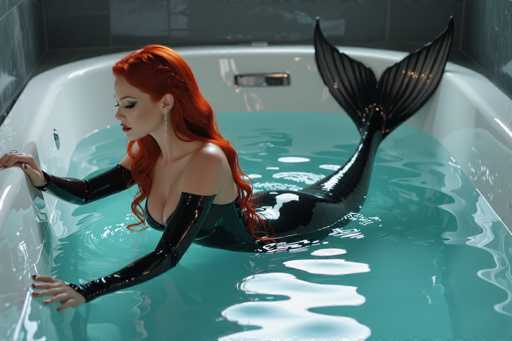 A captivating mermaid, with vibrant fiery red hair and a sleek black latex suit, gracefully reclines in a bathtub filled with turquoise water. Her shimmering, dark tail extends dramatically, reflecting the moody lighting and creating a cinematic, hyper-realistic scene with a dark allure. The side profile emphasizes her elegant form and the water's surface reflections.