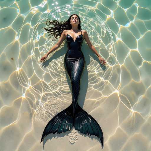 A hyper-realistic digital art piece depicts a featureless mermaid in a glossy black bodysuit, floating in shallow water. Her dark scaly tail fans out beneath the surface, creating shimmering patterns of sunlight on the sand below. The scene evokes a dreamlike, ethereal atmosphere reminiscent of Zdzisław Beksiński and Simon Stålenhag's work.