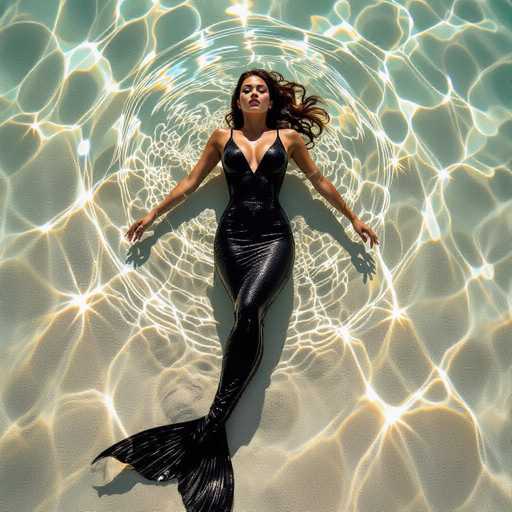 A mermaid in a black, form-fitting suit floats in shallow water, her body illuminated by radiant highlights and deep shadows. The overhead view emphasizes the dramatic chiaroscuro style, reminiscent of Caravaggio's work, with shimmering light patterns on the sandy bottom creating a captivating, ethereal scene.