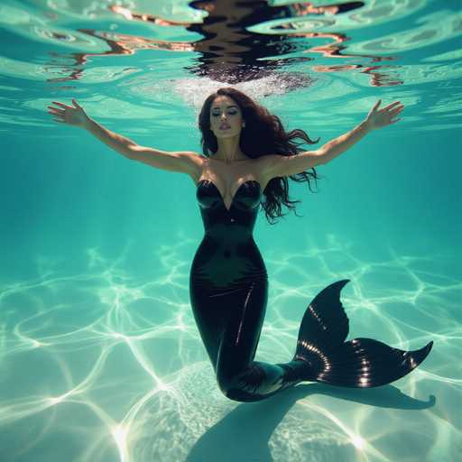 A woman with flowing midnight hair floats in a glossy black latex mermaid tail, arms outstretched in serene surrender. Sunlight filters through turquoise water, creating soft chiaroscuro shadows and a cinematic depth of field. The hyperrealistic image blends Annie Leibovitz's portraiture with H.R. Giger's underwater surrealism, evoking a dreamlike aquatic fantasy.