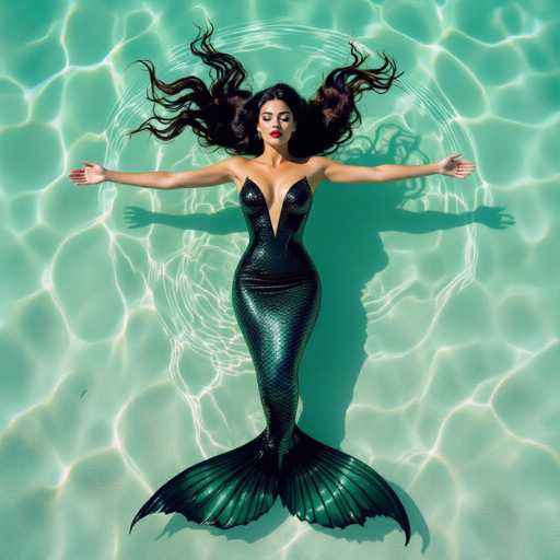 A serene mermaid figure, clad in a shimmering black costume and detailed tail, floats on calm turquoise water. Her dark hair flows outwards, contrasting with the soft shadows and rich color palette reminiscent of a Wes Anderson film. The image is a cinematic still, emphasizing the peaceful spatial relationship between the figure and the water's surface.